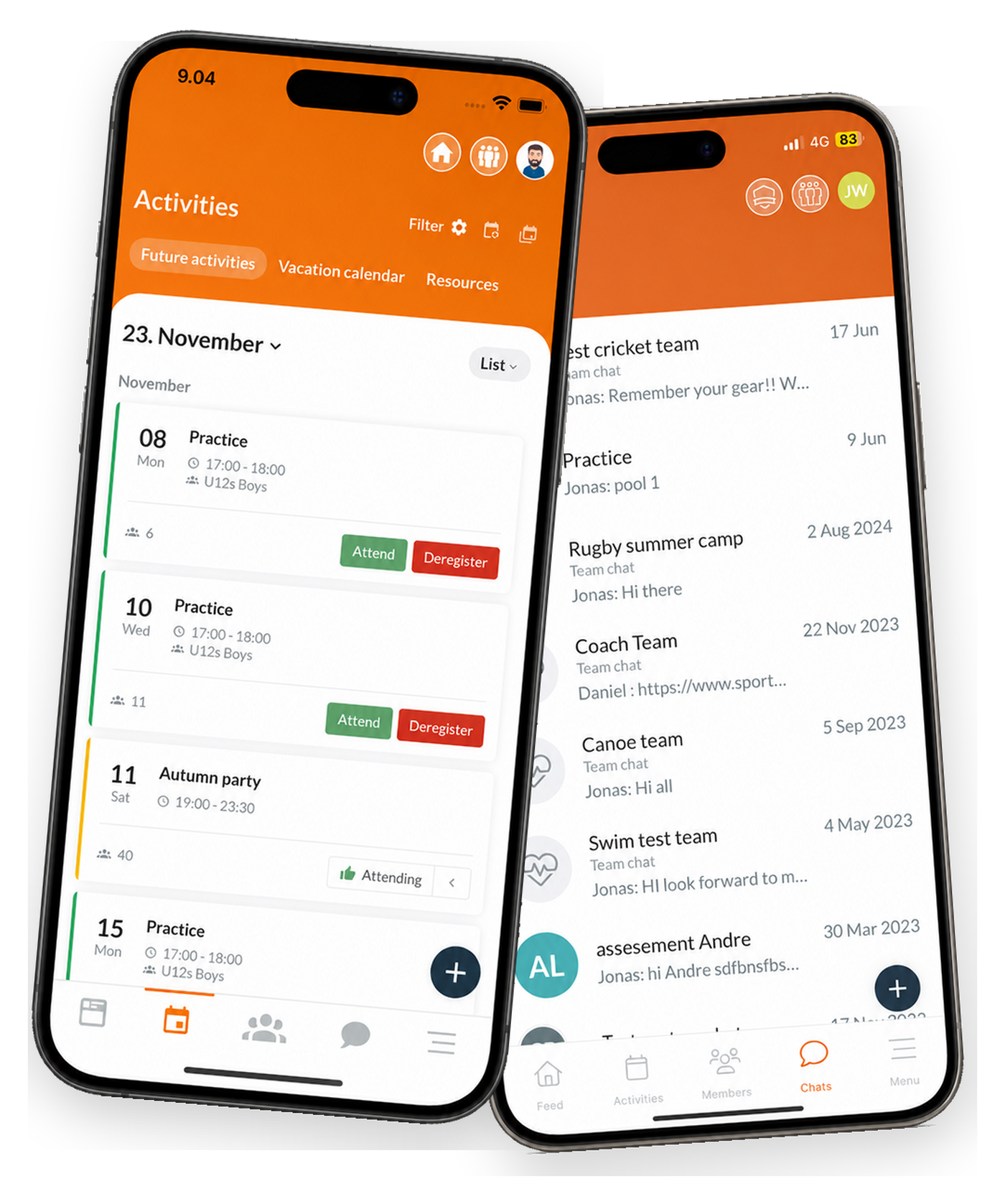 The SportMember team app on two phones: the activity calendar and team chats